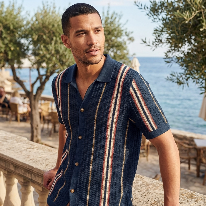 Men’s Hollow Knitted Polo Shirt – Breathable Ice Silk Short Sleeve Polo with Striped Design, Stretch Fit & Summer Casual Style