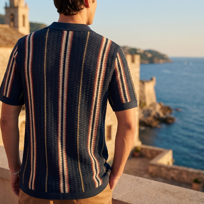 Men’s Hollow Knitted Polo Shirt – Breathable Ice Silk Short Sleeve Polo with Striped Design, Stretch Fit & Summer Casual Style
