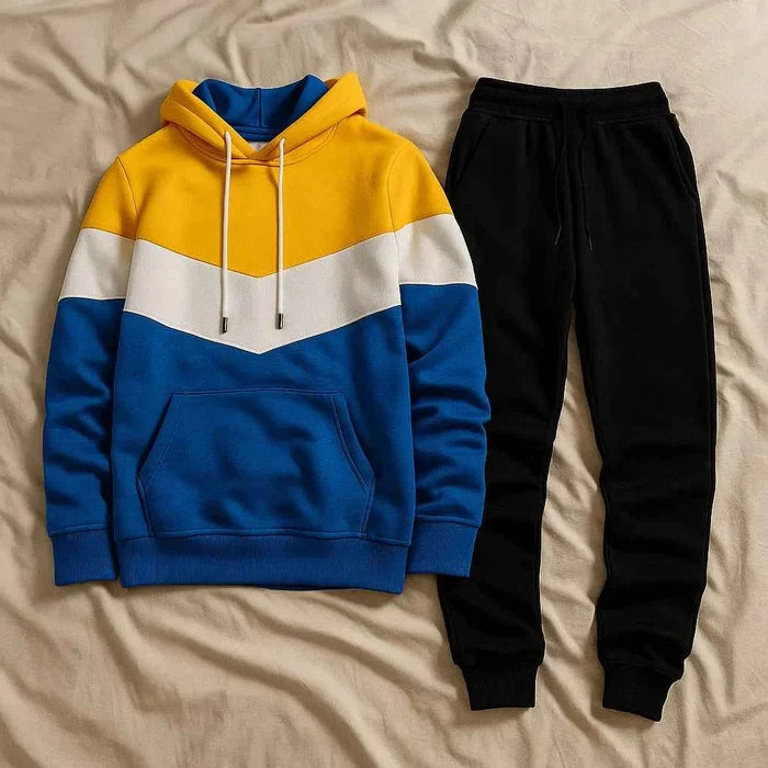 Men's Hooded Sports Tracksuit – Color Block Hoodie & Full-Length Trousers, 10 Combos, S–3XL
