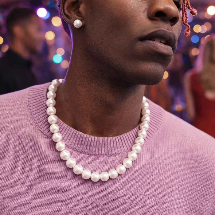 Men's Imitation Pearl Beaded Necklace – 12mm/14mm High-Luster Hip-Hop Retro Chain