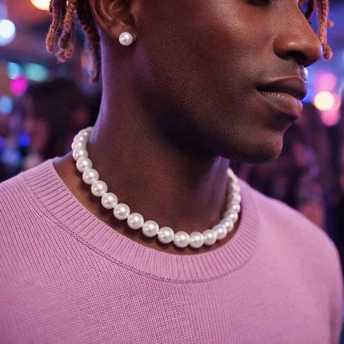 Men's Imitation Pearl Beaded Necklace – 12mm/14mm High-Luster Hip-Hop Retro Chain
