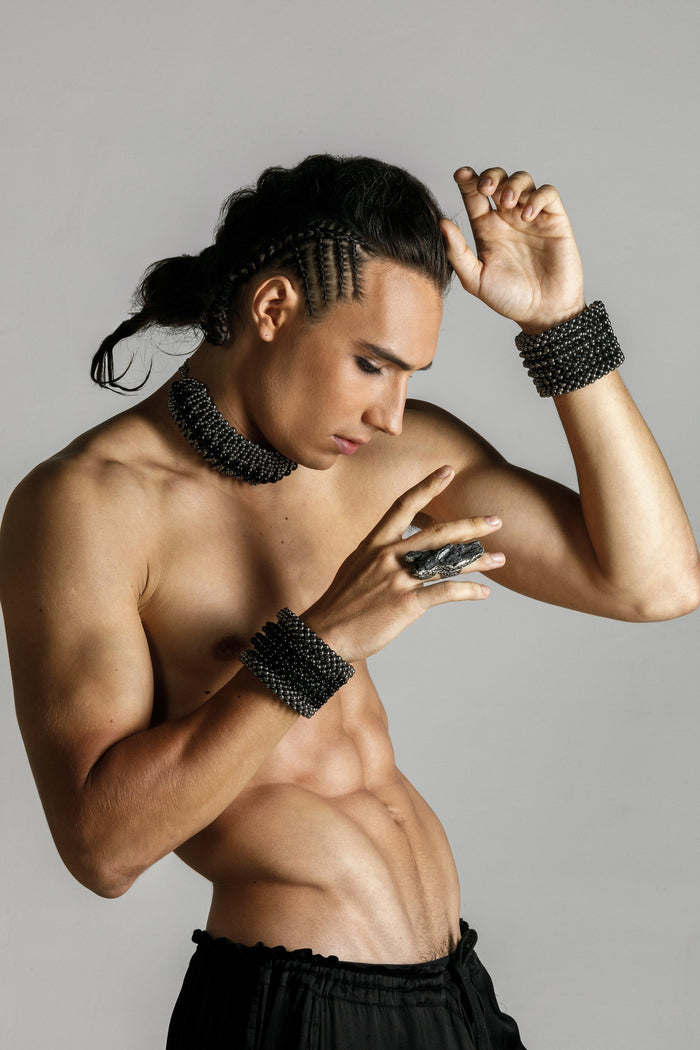 men wears handcrafted helios optical 4d choker by object and dawn