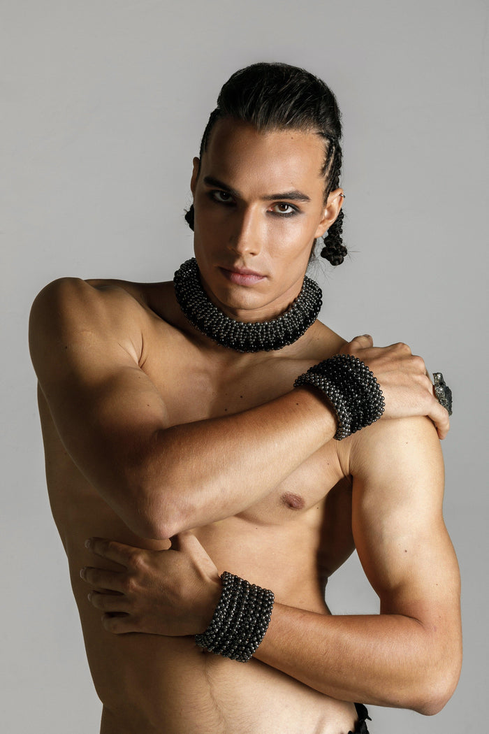 men wears handcrafted helios optical 4d choker by object and dawn