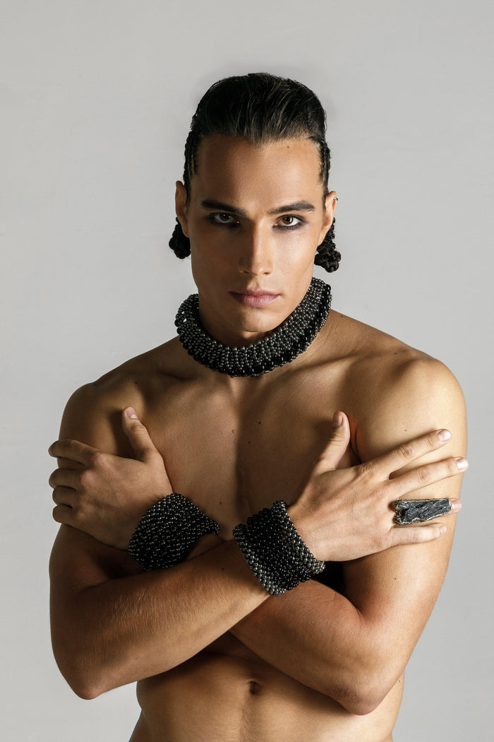 men wears handcrafted helios optical 4d choker by object and dawn