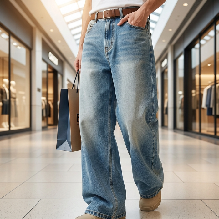Men's Korean Style Loose Straight-Leg Jeans | Washed Blue Denim