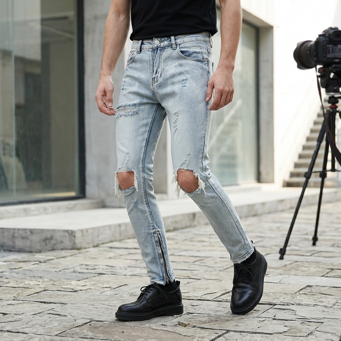 Men's Light Blue Distressed Skinny Jeans – Ripped Slim Fit Denim