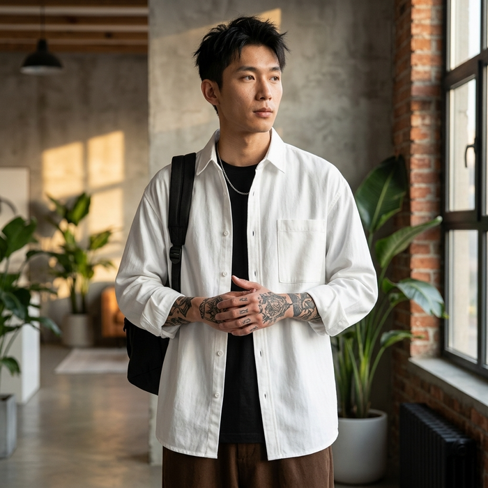 Men's Long Sleeve Cotton Blend Shirt - Loose Fit Retro Casual Lapel Top