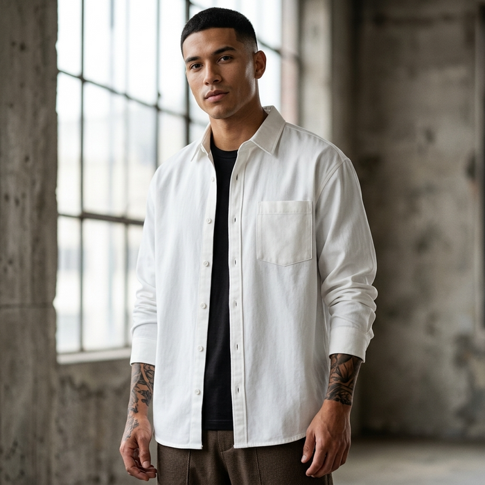 Men's Long Sleeve Cotton Blend Shirt - Loose Fit Retro Casual Lapel Top