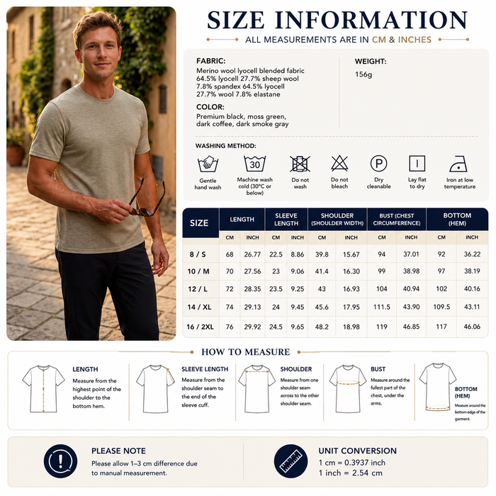 Men's Lyocell Merino Wool Blend T-Shirt – Moisture-Wicking Short Sleeve