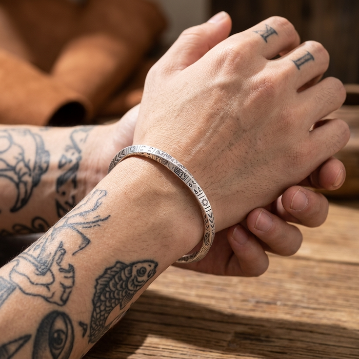 Men's Möbius Ring 999 Pure Silver Bracelet – Solid Eternity Twist Bangle with Ethnic Floral Engraving