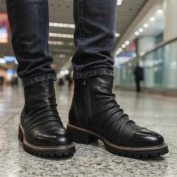 Men's Motorcycle Boots – Reinforced PU Leather, Anti-Slip Rubber Sole, Side Zipper & Buckles, Mid-Calf 30cm