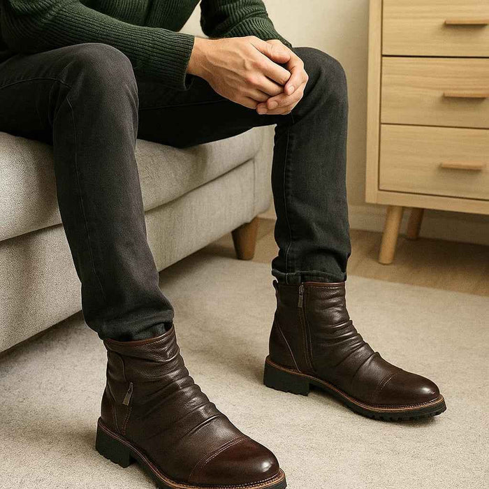 Men's Motorcycle Boots – Reinforced PU Leather, Anti-Slip Rubber Sole, Side Zipper & Buckles, Mid-Calf 30cm