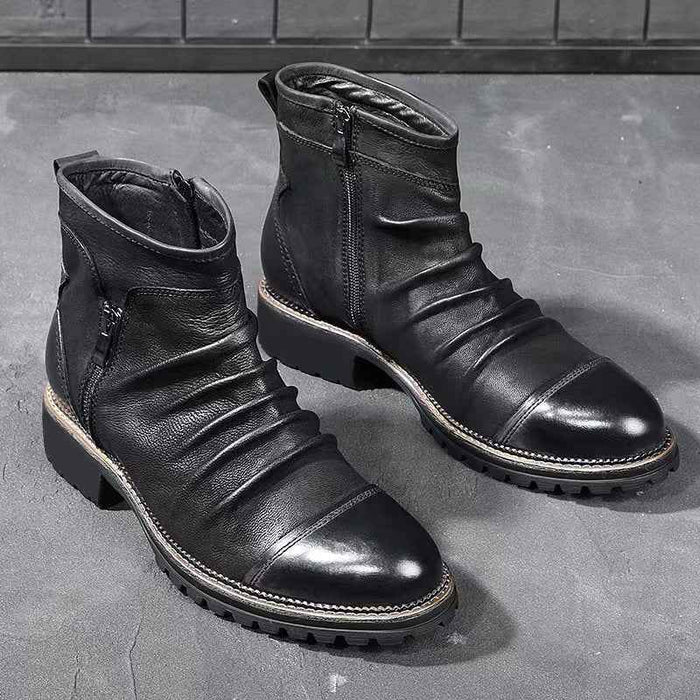 Men's Motorcycle Boots – Reinforced PU Leather, Anti-Slip Rubber Sole, Side Zipper & Buckles, Mid-Calf 30cm