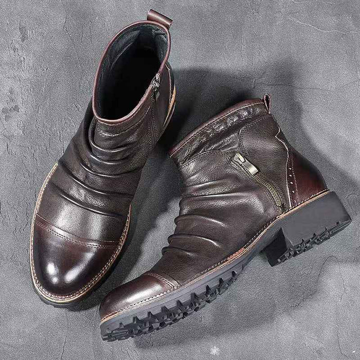 Men's Motorcycle Boots – Reinforced PU Leather, Anti-Slip Rubber Sole, Side Zipper & Buckles, Mid-Calf 30cm