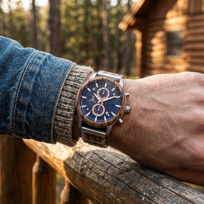 Men's Multi-Function Chronograph Wooden Watch – 50mm Large Dial Quartz Analog-Digital Water-Resistant Wood Strap Timepiece