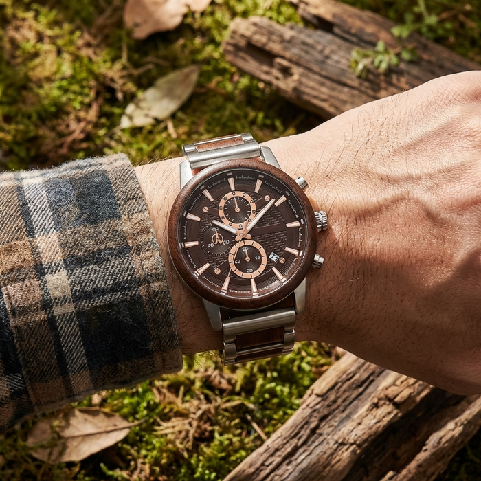 Men's Multi-Function Chronograph Wooden Watch – 50mm Large Dial Quartz Analog-Digital Water-Resistant Wood Strap Timepiece
