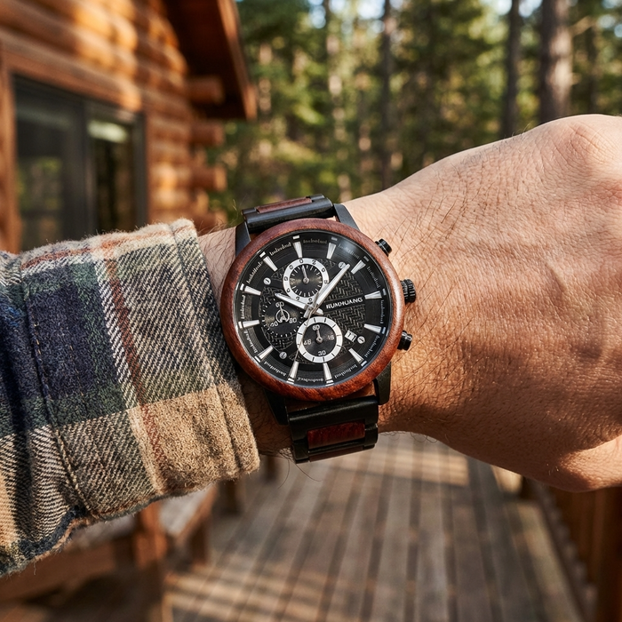 Men's Multi-Function Chronograph Wooden Watch – 50mm Large Dial Quartz Analog-Digital Water-Resistant Wood Strap Timepiece