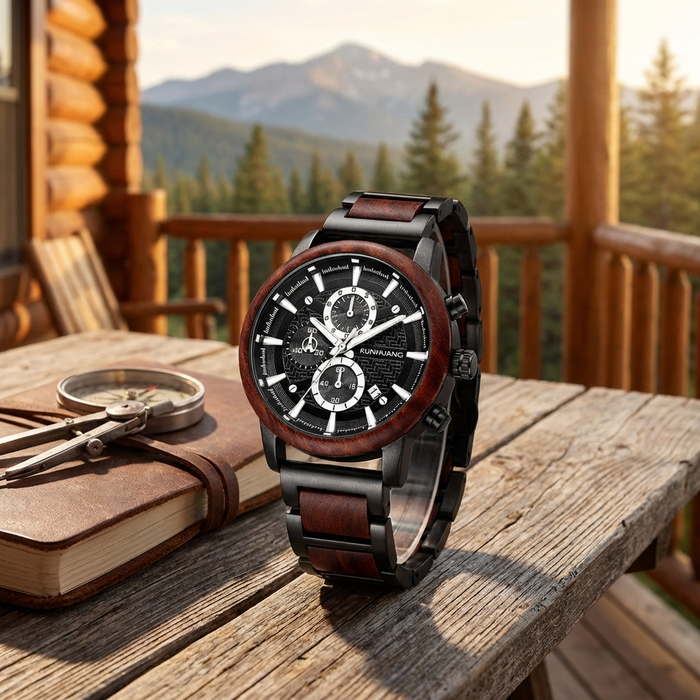Men's Multi-Function Chronograph Wooden Watch – 50mm Large Dial Quartz Analog-Digital Water-Resistant Wood Strap Timepiece