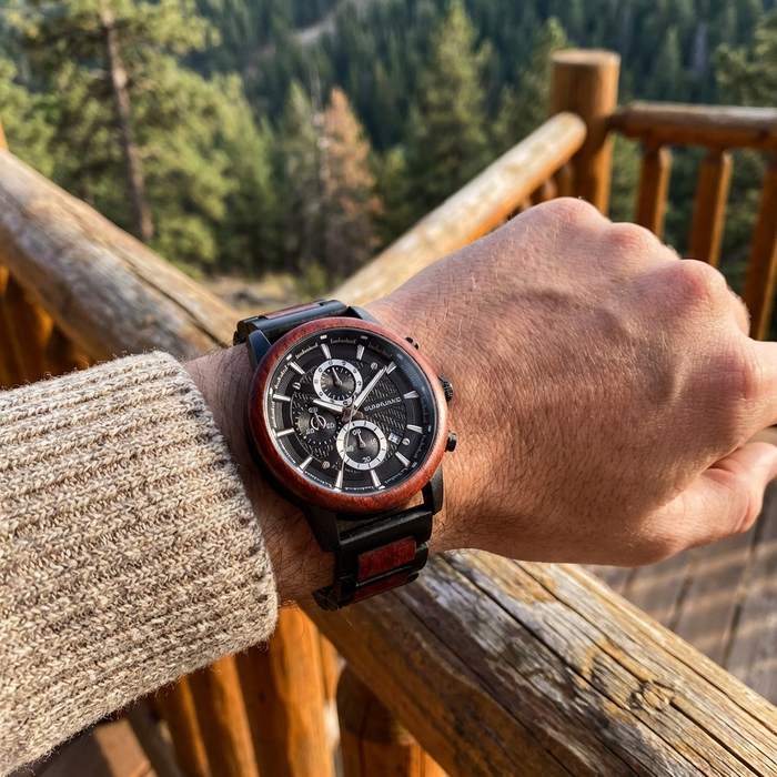 Men's Multi-Function Chronograph Wooden Watch – 50mm Large Dial Quartz Analog-Digital Water-Resistant Wood Strap Timepiece