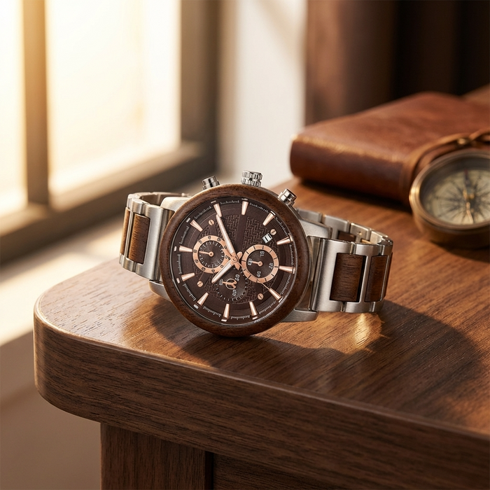 Men's Multi-Function Chronograph Wooden Watch – 50mm Large Dial Quartz Analog-Digital Water-Resistant Wood Strap Timepiece