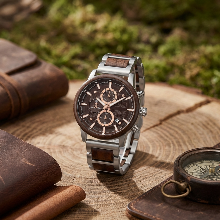 Men's Multi-Function Chronograph Wooden Watch – 50mm Large Dial Quartz Analog-Digital Water-Resistant Wood Strap Timepiece