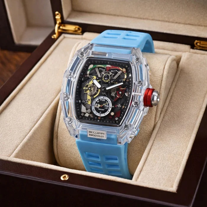Men's Multi-Function Mechanical Watch – Transparent Barrel Case, Silicone Strap & Luminous Sport Timepiece