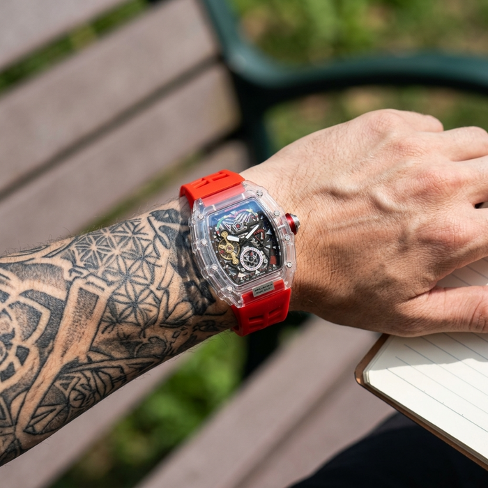 Men's Multi-Function Mechanical Watch – Transparent Barrel Case, Silicone Strap & Luminous Sport Timepiece