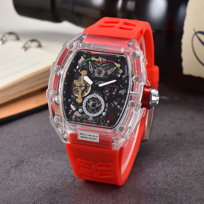 Men's Multi-Function Mechanical Watch – Transparent Barrel Case, Silicone Strap & Luminous Sport Timepiece
