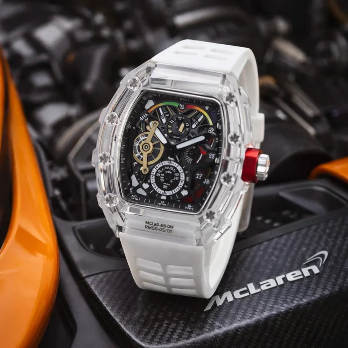 Men's Multi-Function Mechanical Watch – Transparent Barrel Case, Silicone Strap & Luminous Sport Timepiece