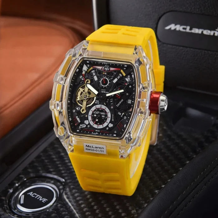 Men's Multi-Function Mechanical Watch – Transparent Barrel Case, Silicone Strap & Luminous Sport Timepiece