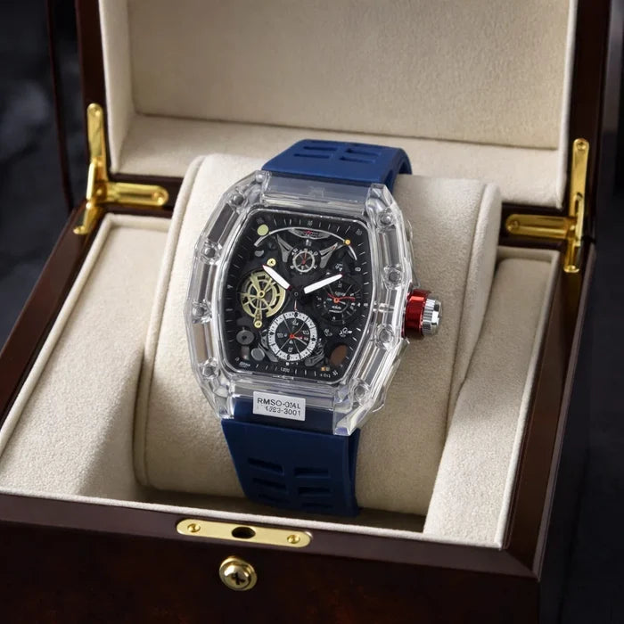 Men's Multi-Function Mechanical Watch – Transparent Barrel Case, Silicone Strap & Luminous Sport Timepiece