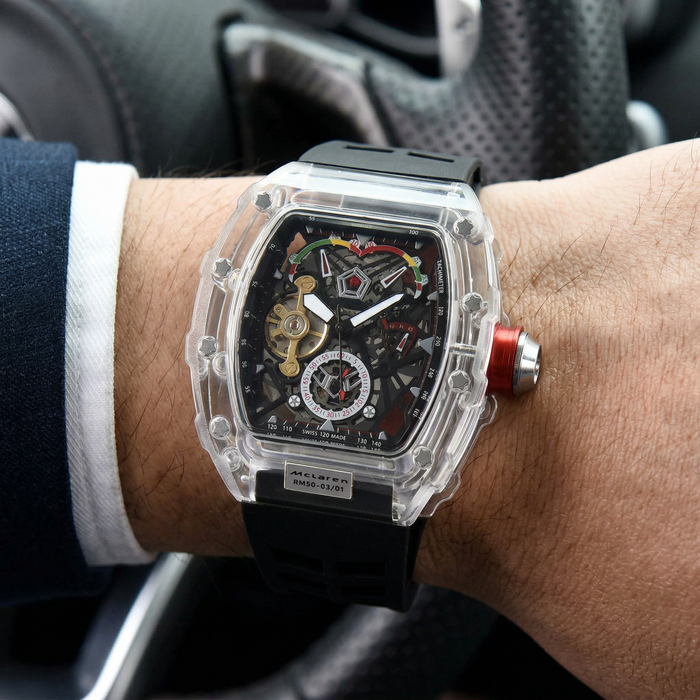 Men's Multi-Function Mechanical Watch – Transparent Barrel Case, Silicone Strap & Luminous Sport Timepiece