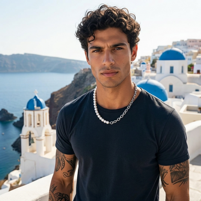 Men’s Natural Pearl Necklace – 8mm Titanium Steel Chain Luxury Jewelry