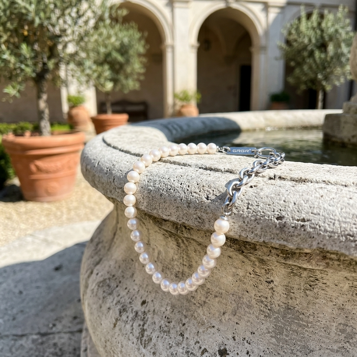 Men’s Natural Pearl Necklace – 8mm Titanium Steel Chain Luxury Jewelry