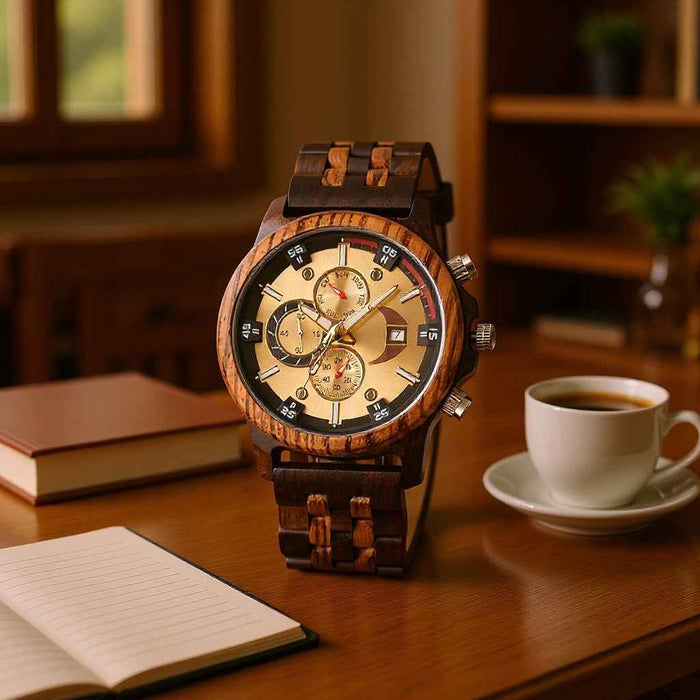 Men's Natural Sandalwood Quartz Watch – Large Dial Chronograph, Minimalist Wooden Design