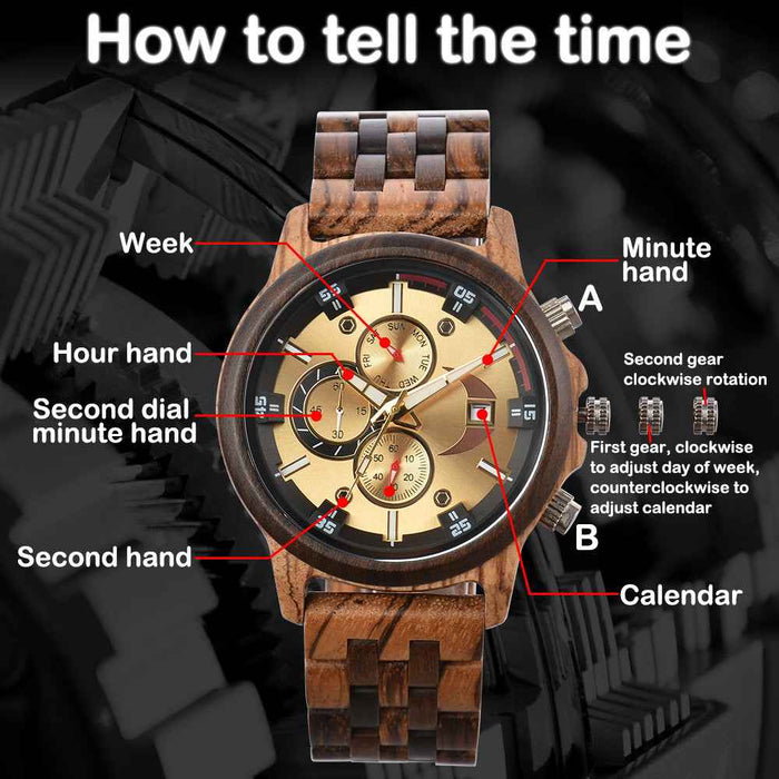 Men's Natural Sandalwood Quartz Watch – Large Dial Chronograph, Minimalist Wooden Design