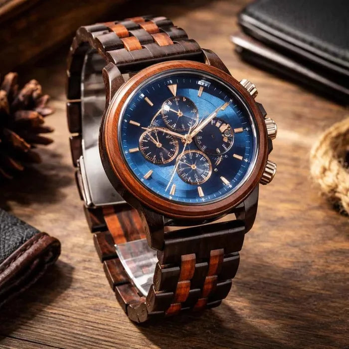 Men's Natural Sandalwood Quartz Watch – Large Dial Chronograph, Minimalist Wooden Design