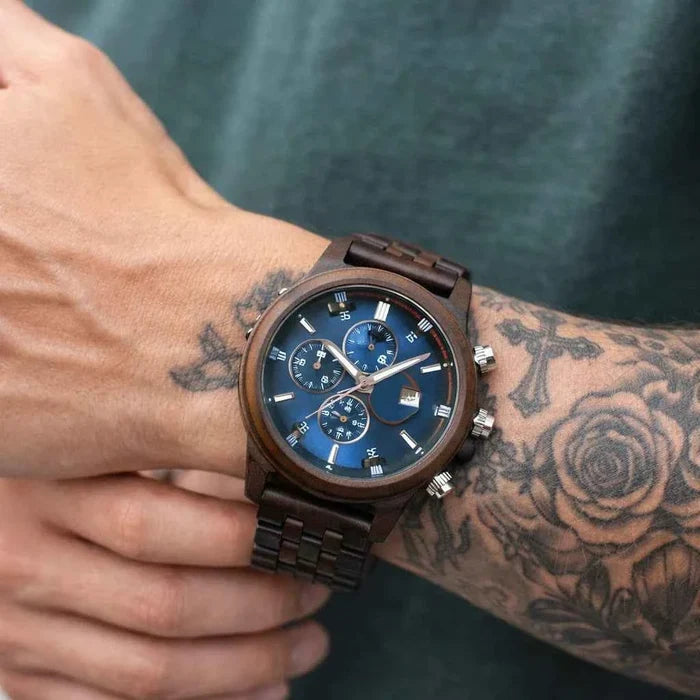 Men's Natural Sandalwood Quartz Watch – Large Dial Chronograph, Minimalist Wooden Design