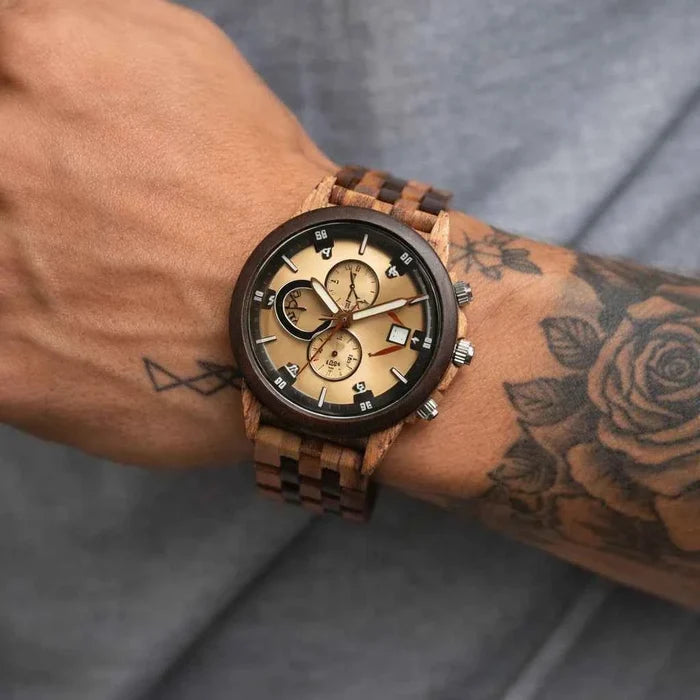 Men's Natural Sandalwood Quartz Watch – Large Dial Chronograph, Minimalist Wooden Design