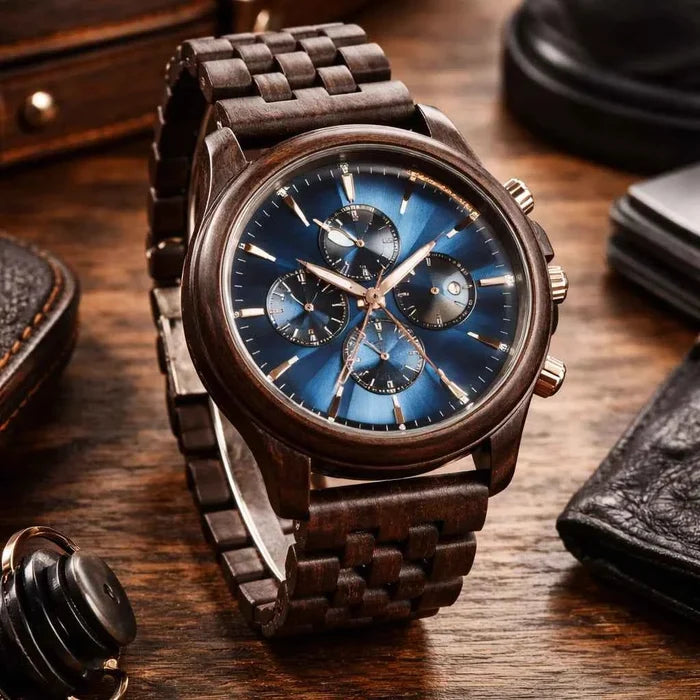 Men's Natural Sandalwood Quartz Watch – Large Dial Chronograph, Minimalist Wooden Design
