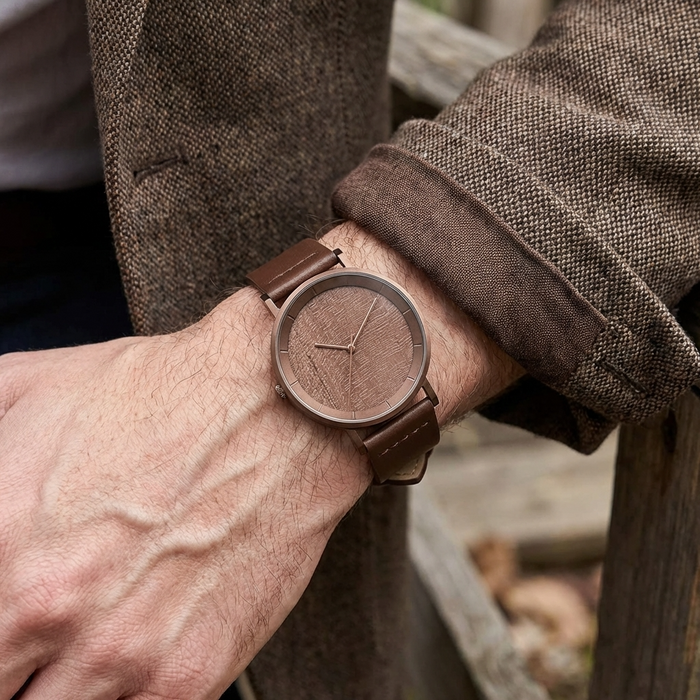 Men's Natural Wood Quartz Watch – Walnut, Fir, Maple & Poplar Wood with Leather or Wood Strap, 3ATM, Gift Box