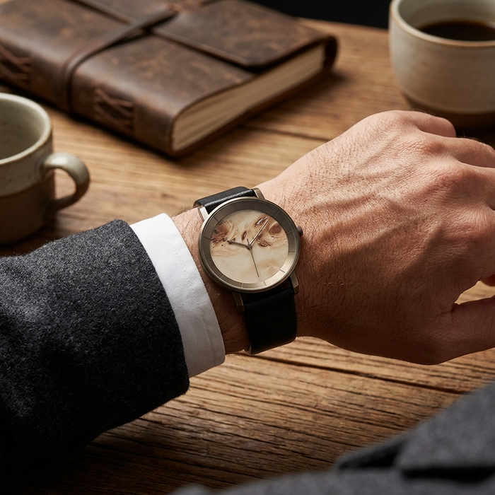 Men's Natural Wood Quartz Watch – Walnut, Fir, Maple & Poplar Wood with Leather or Wood Strap, 3ATM, Gift Box