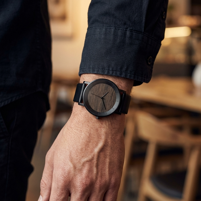 Men's Natural Wood Quartz Watch – Walnut, Fir, Maple & Poplar Wood with Leather or Wood Strap, 3ATM, Gift Box