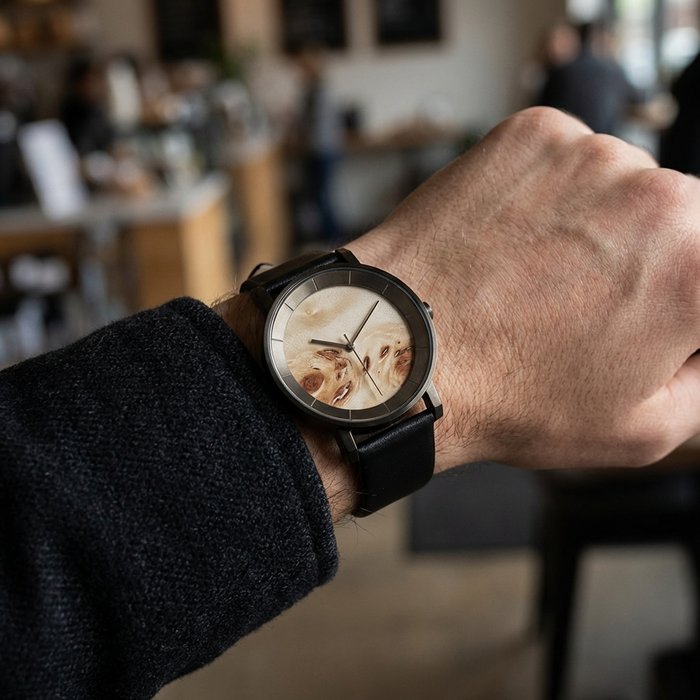Men's Natural Wood Quartz Watch – Walnut, Fir, Maple & Poplar Wood with Leather or Wood Strap, 3ATM, Gift Box