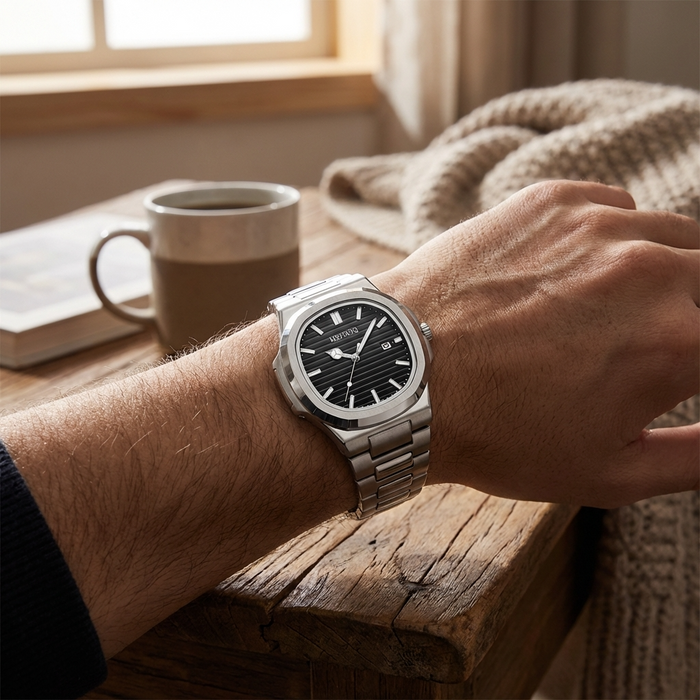 Men's Quartz Watch – Waterproof 3ATM Steel Strap with Luminous Dial, Calendar & 24-Hour Display