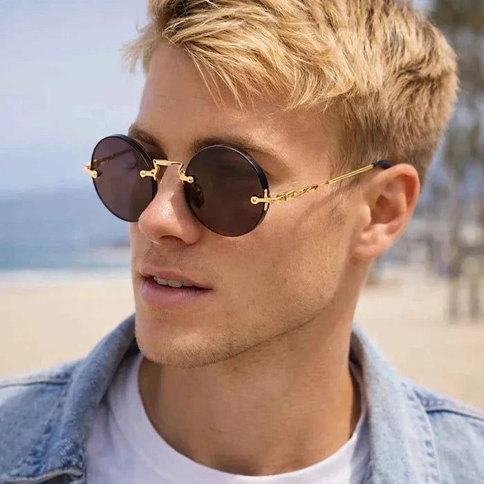 Men's Rimless Crystal Lens Sunglasses – Round Vintage Metal Frame with UV Protection