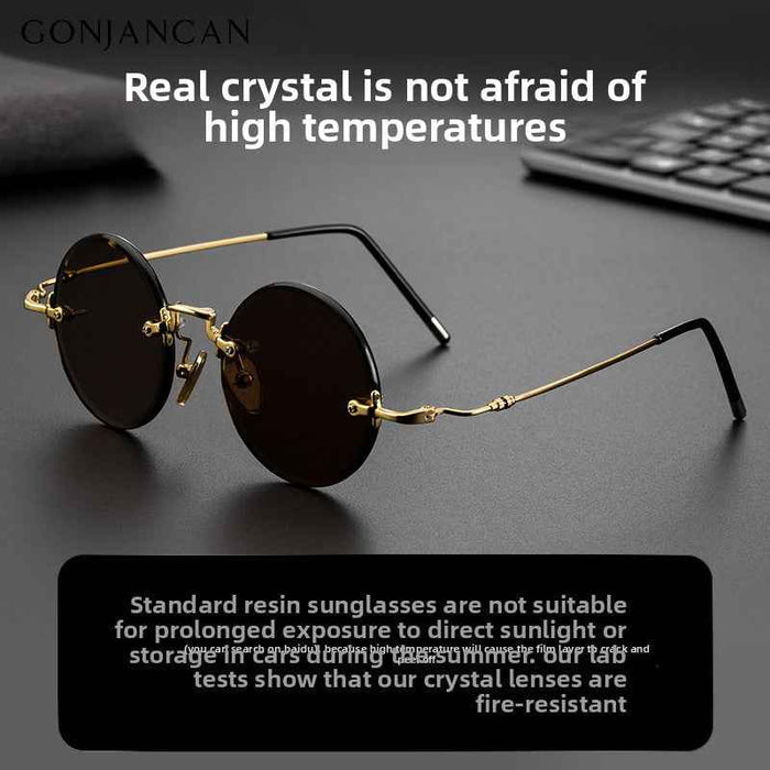 Men's Rimless Crystal Lens Sunglasses – Round Vintage Metal Frame with UV Protection