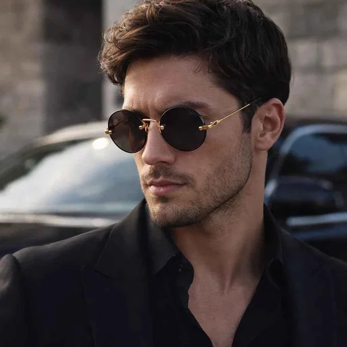 Men's Rimless Crystal Lens Sunglasses – Round Vintage Metal Frame with UV Protection