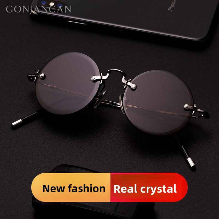 Men's Rimless Crystal Lens Sunglasses – Round Vintage Metal Frame with UV Protection