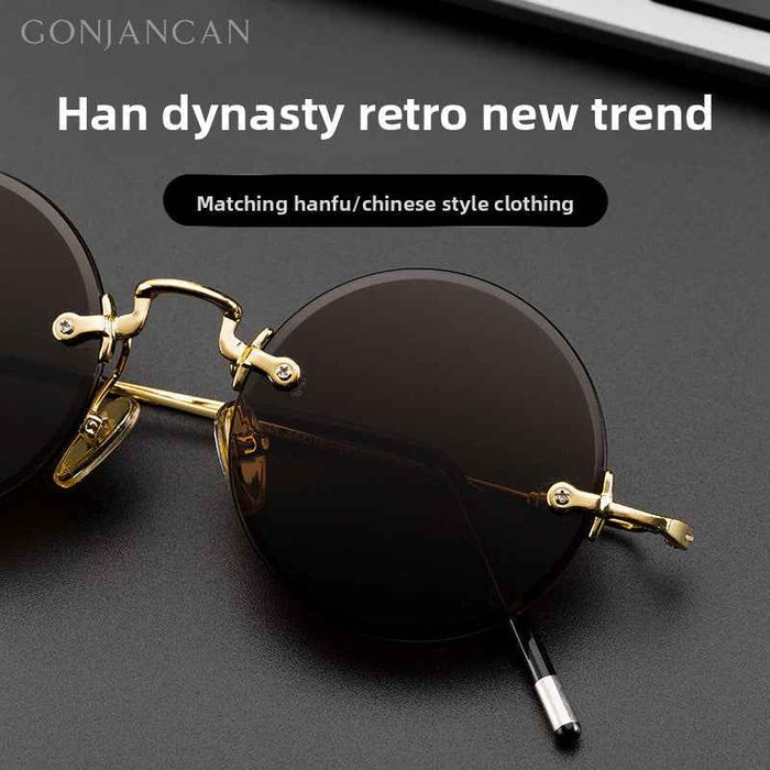 Men's Rimless Crystal Lens Sunglasses – Round Vintage Metal Frame with UV Protection